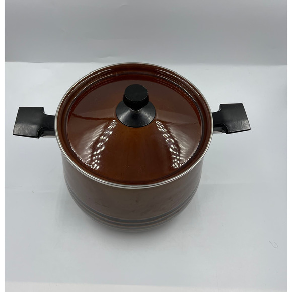 Vtg West Bend Brown Enamelware Scandia Bean Stock Pot W Lid Handles MCM - Picture 12 of 13